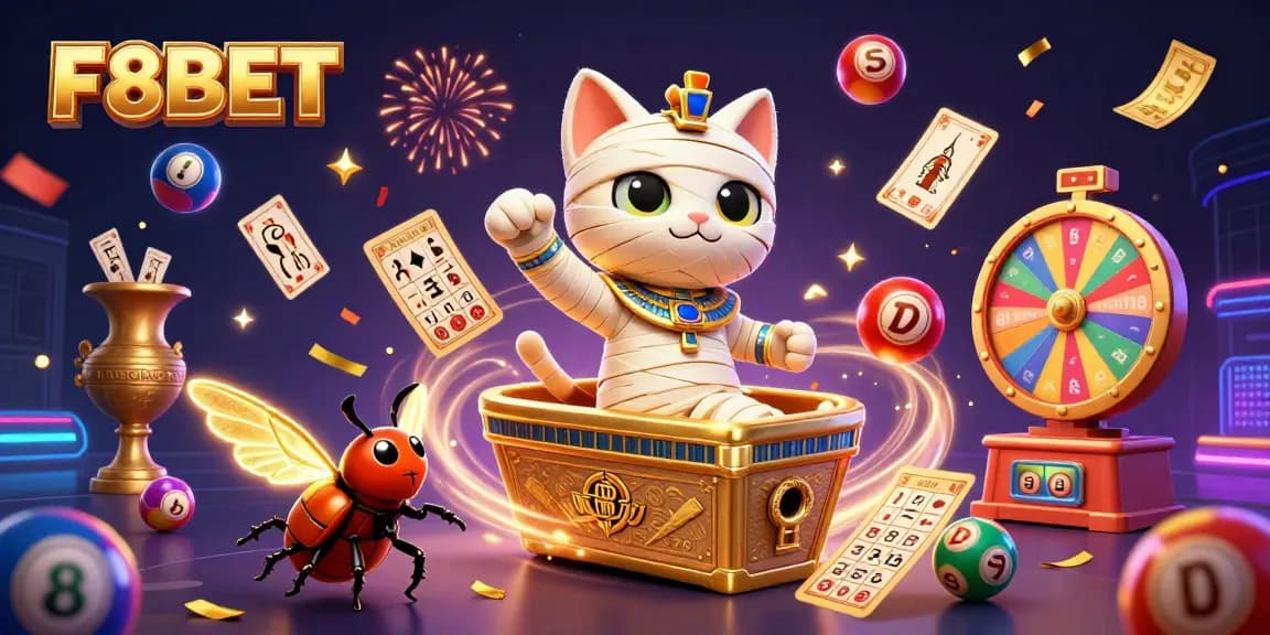 Join the excitement of F8BET with a dynamic scene featuring a mummy cat and golden elements.