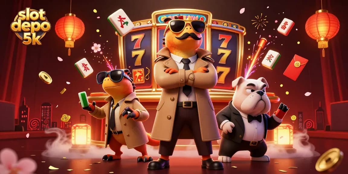 Experience thrilling gameplay and giant jackpots at slot depo 5k, featuring quirky raptors in a fun casino scene.