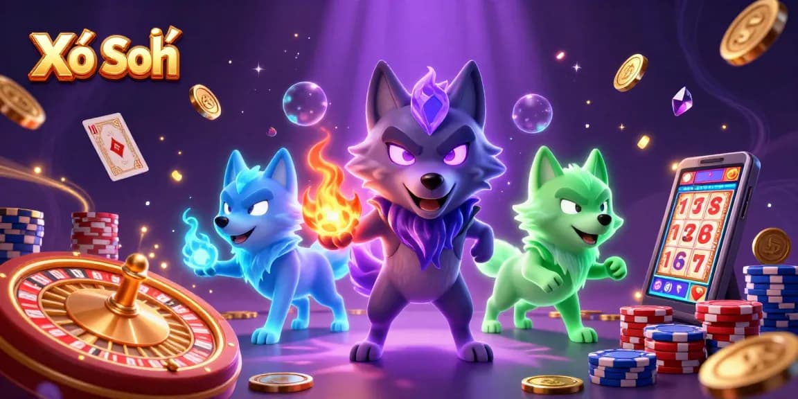 Xổ Số betting scene with glowing wolves, coins, and spinning roulette for excitement