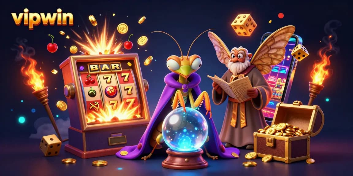 Catch the excitement of vipwin with a vibrant 3D casino scene showcasing colorful slot machines and magical characters.