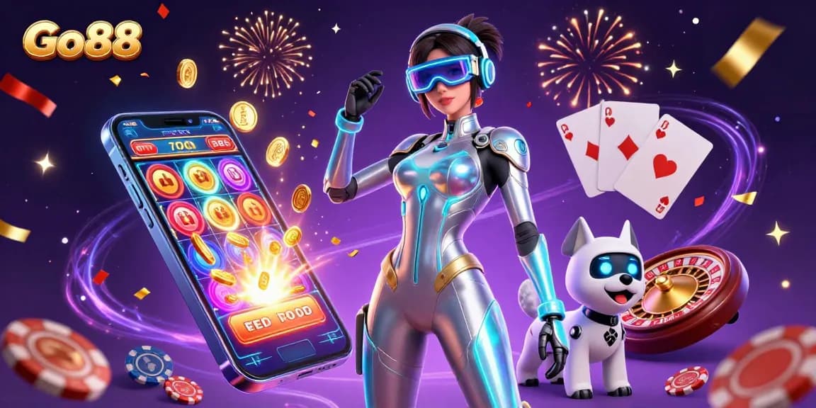 Engage with Go88's vibrant slots and jackpots as a futuristic character plays in a dynamic 3D casino scene.