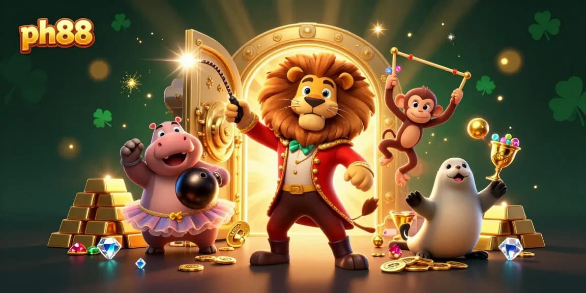 Experience gaming at ph88 with lively characters and vibrant casino elements in a 3D illustration.