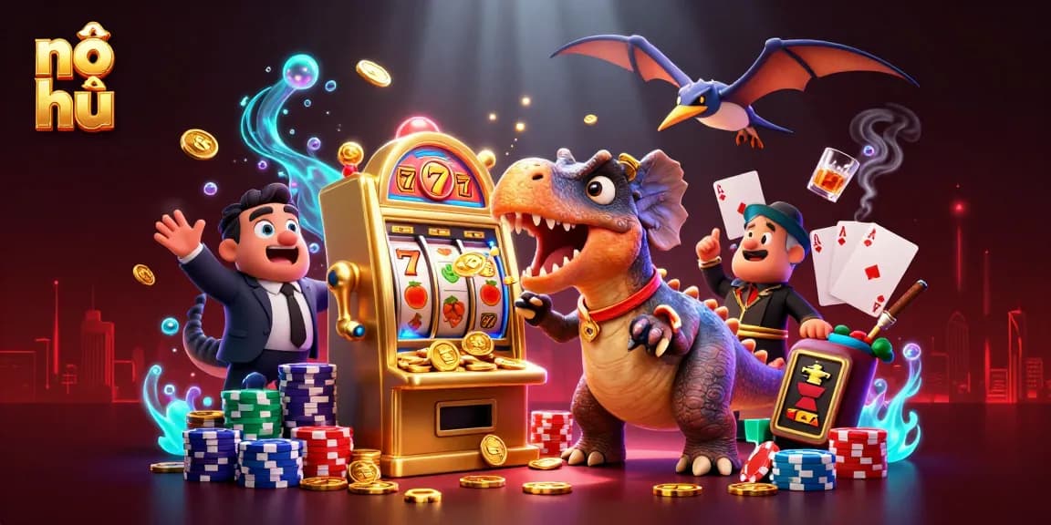 Nổ hũ as a dynamic 3D illustration with cartoon dinosaurs playing and winning at a colorful slot machine.