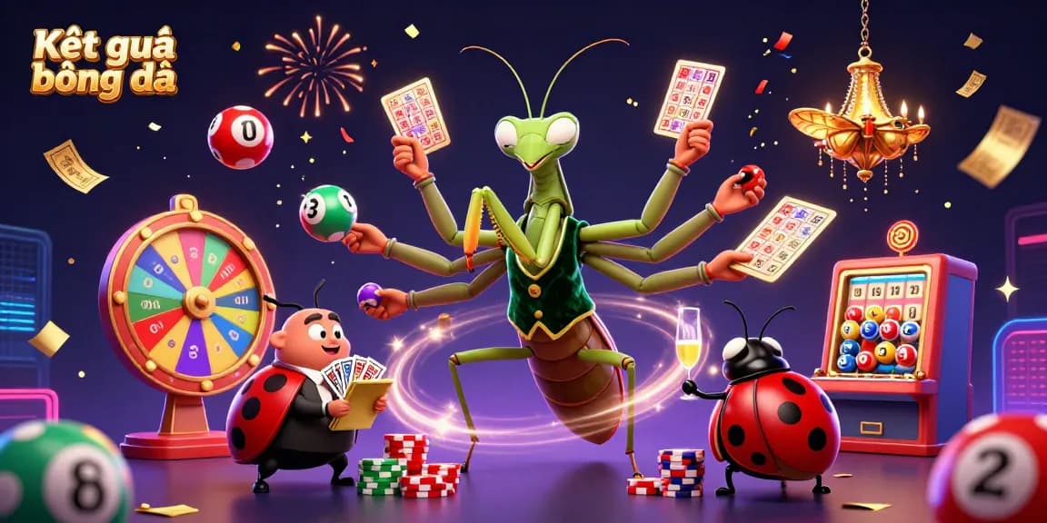 Engage with Kết quả bóng đá through a vibrant 3D casino scene featuring a praying mantis dealer and dynamic lottery elements.