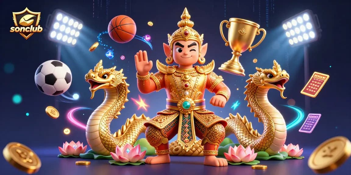 Exciting sonclub gaming experience with vibrant action featuring a Thai temple guardian, dynamic sports balls, and golden treasures.