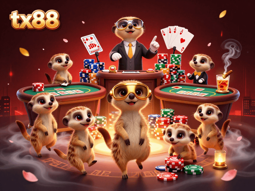 Experience the vibrant tx88 casino scene with meerkats as pit bosses and dealers, full of action and energy.