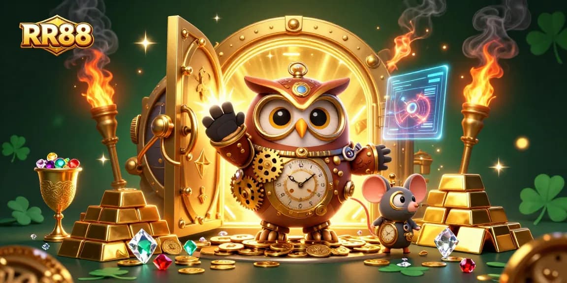 Engage with RR88's vibrant casino world, featuring colorful treasures and 3D cartoon characters.