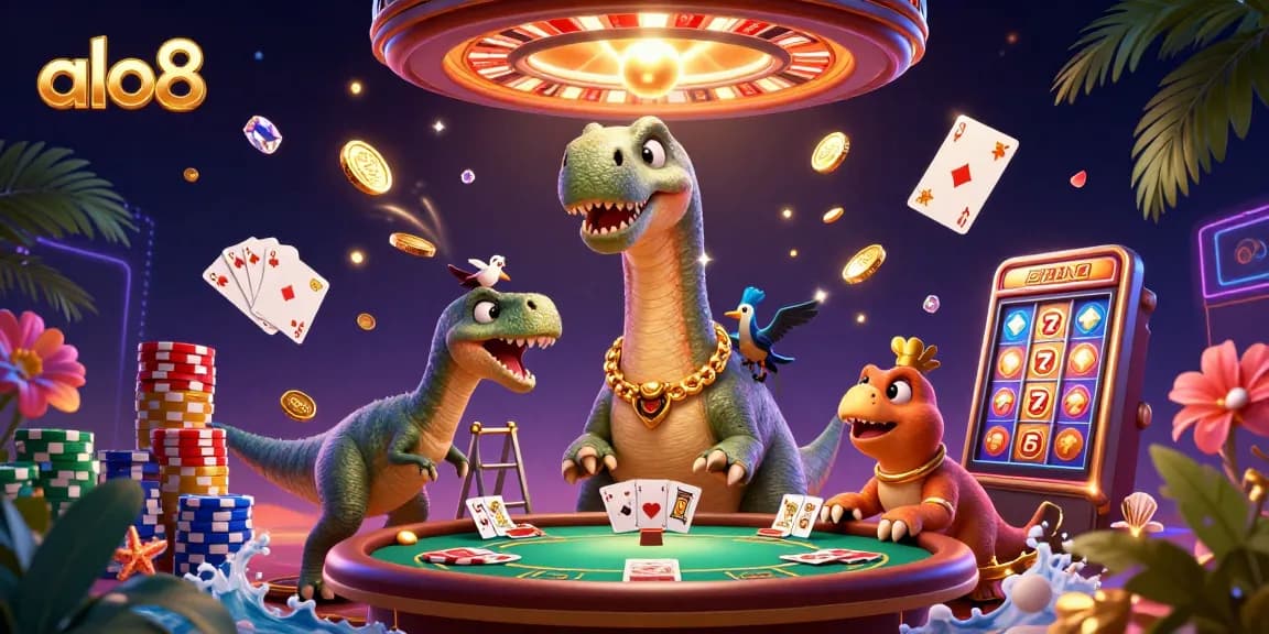 Experience the excitement of alo8 as a giant brontosaurus oversees a lively casino scene with dynamic gaming elements.