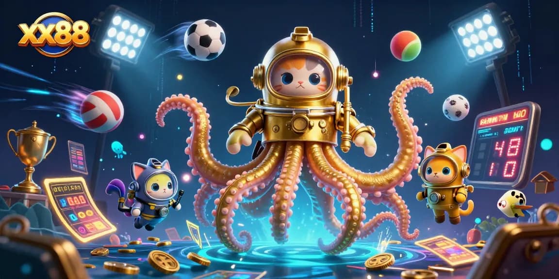 Bet on thrilling gameplay at xx88, featuring a kraken and diving cat in a vibrant casino scene.