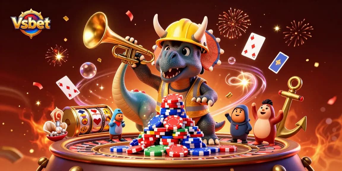 Vsbet features a triceratops building poker chips amidst a vibrant casino celebration.