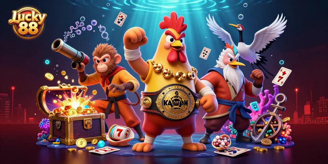 Win big at Lucky 88 with vibrant slot reels, gold coins, and dynamic casino characters.