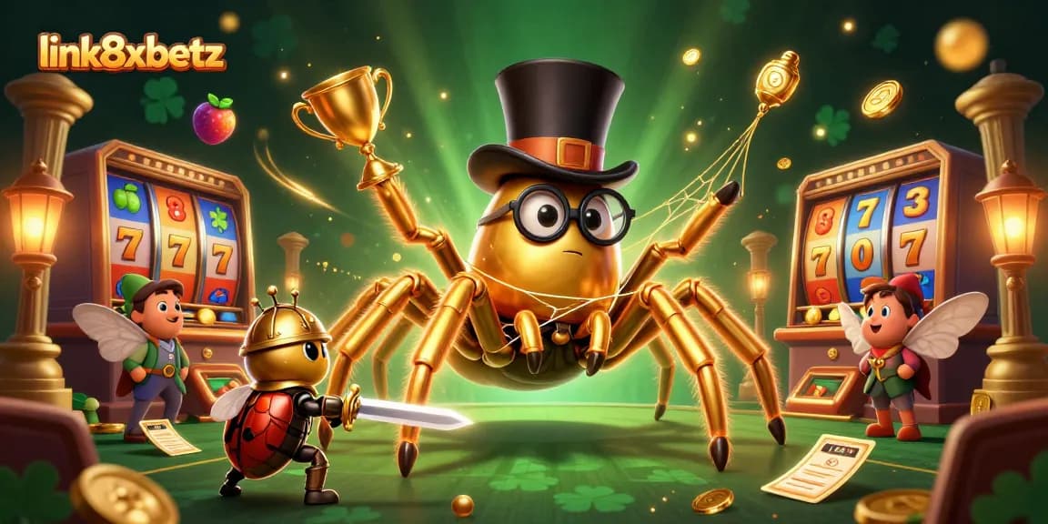 Experience thrilling action at link8xbetz casino with a giant golden tarantula weaves golden threads of big jackpots in an engaging slot scene.