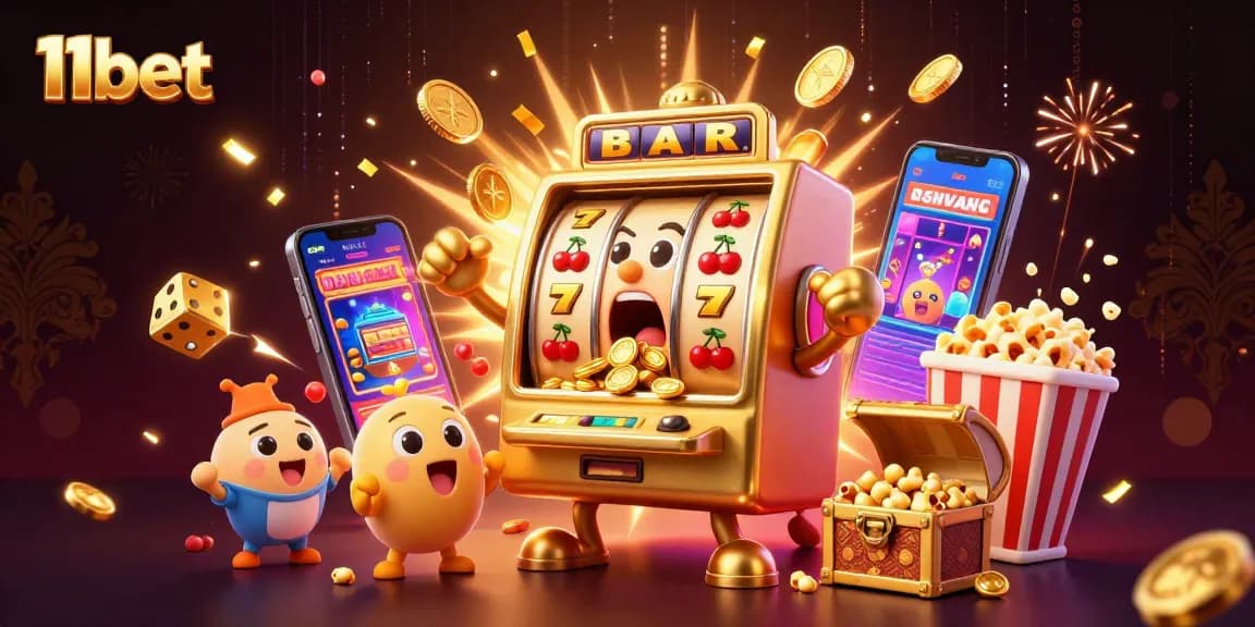 11bet slot machine celebrating jackpot wins with animated gold coins and vibrant casino elements