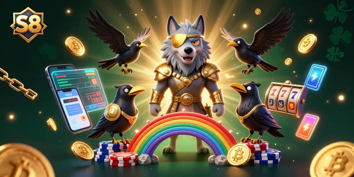 S8 promotes winning strategies with a vibrant 3D casino scene of Odin and ravens, showcasing slot and crypto elements.