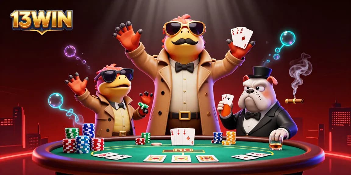 Engaging illustration of 13WIN featuring raptors in disguise at a casino, highlighting a vibrant poker scene.