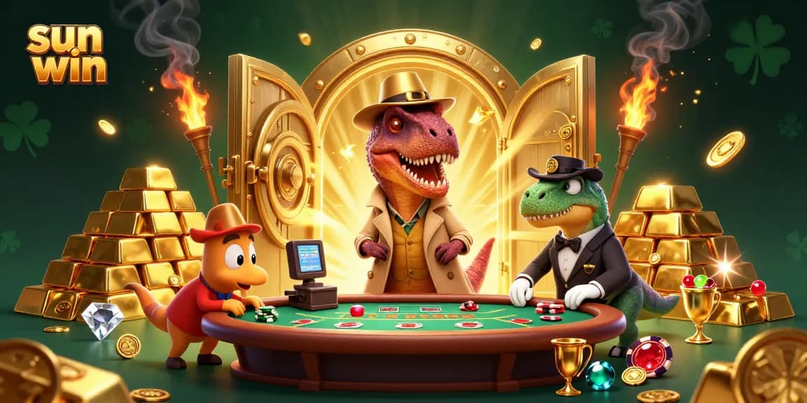 Experience the excitement of sun win with a cartoon velociraptor at a blackjack table amidst treasures.