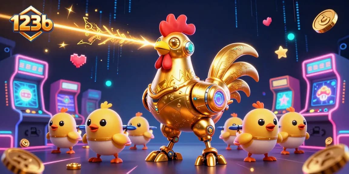 Experience the thrills of 123b with an epic 3D gaming showdown featuring a gold rooster and baby chick drones.