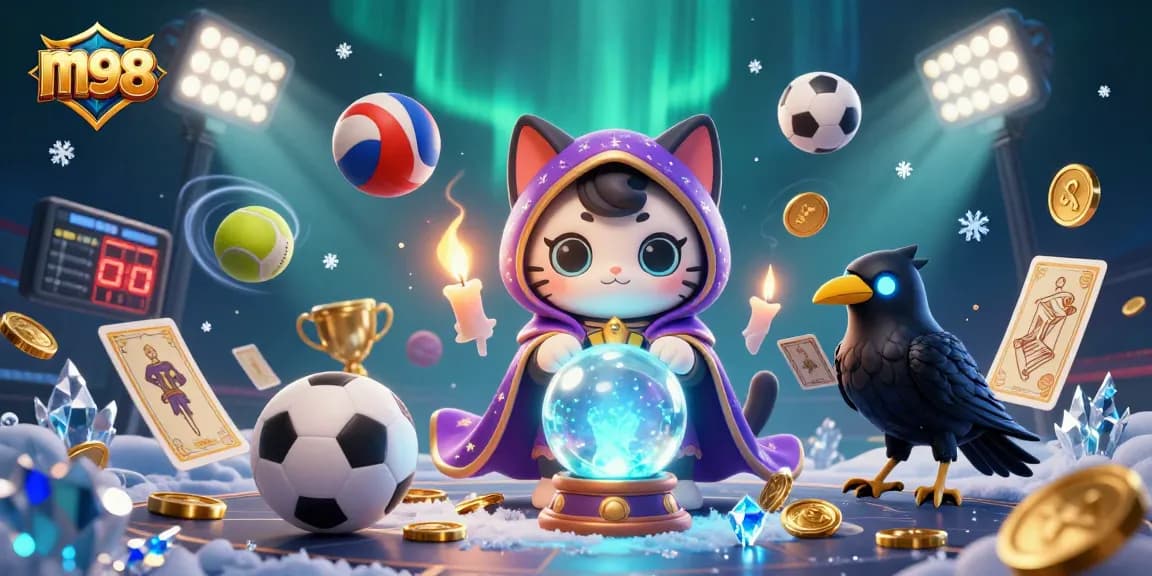 Engage in the thrilling m98 gaming experience with a mystical cat and enchanting raven.