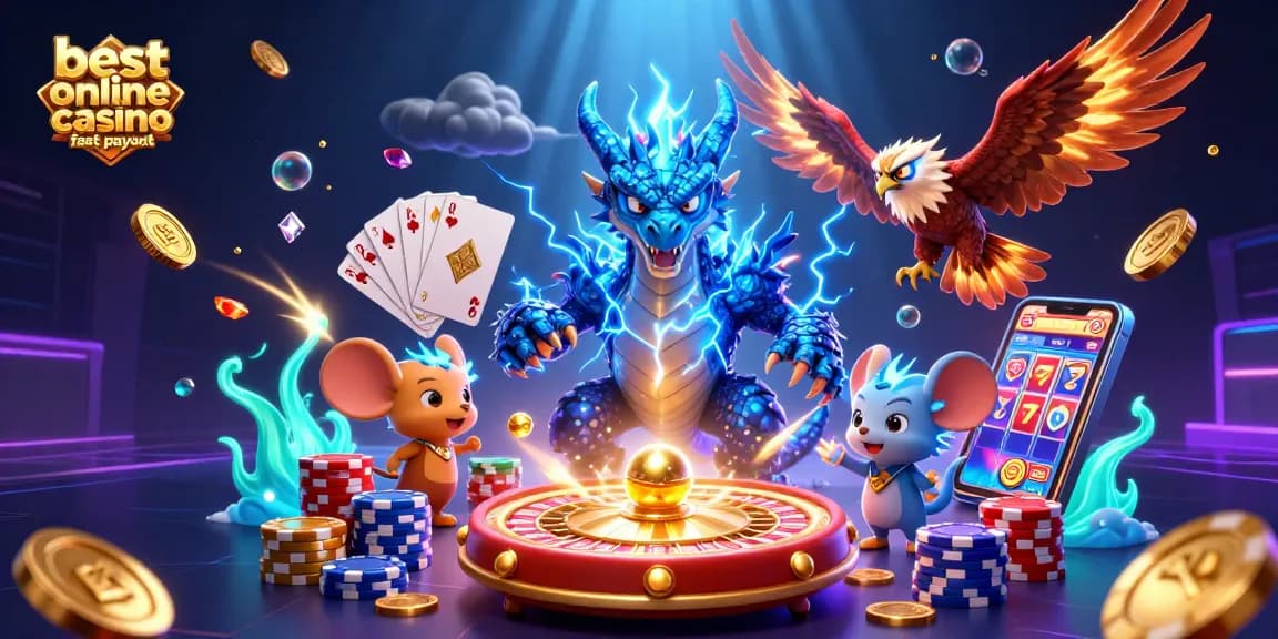Visualize the best online casino fast payout with dynamic characters and rich casino elements.