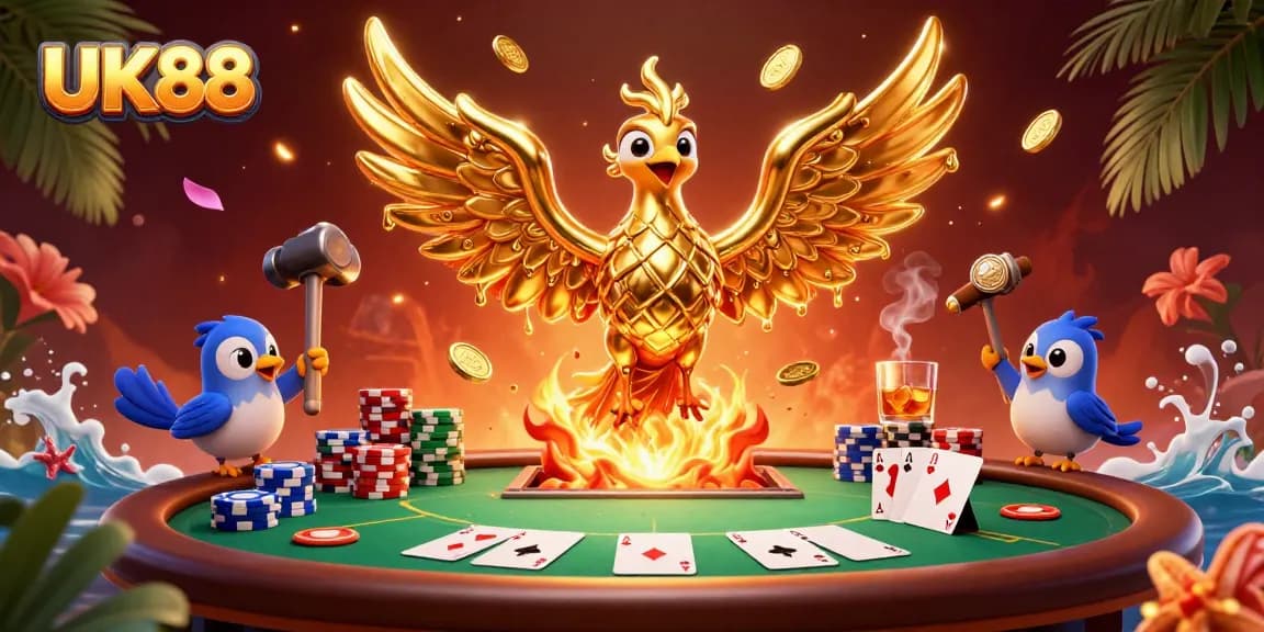 Experience the thrill of winning at UK88 with this vibrant illustration of golden phoenixes and poker elements.