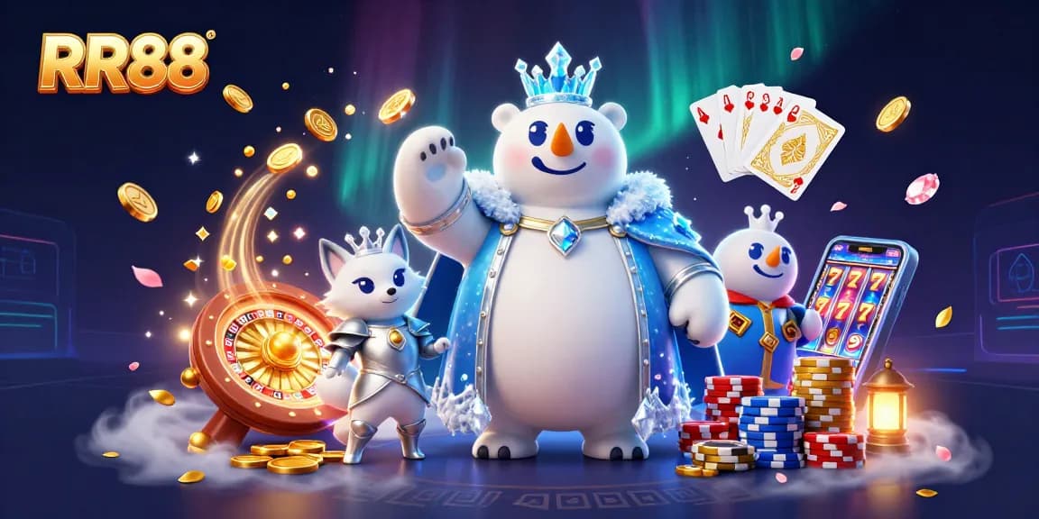 Experience exciting RR88 gameplay with a cartoon ice king and snow fox in a vibrant casino setting.