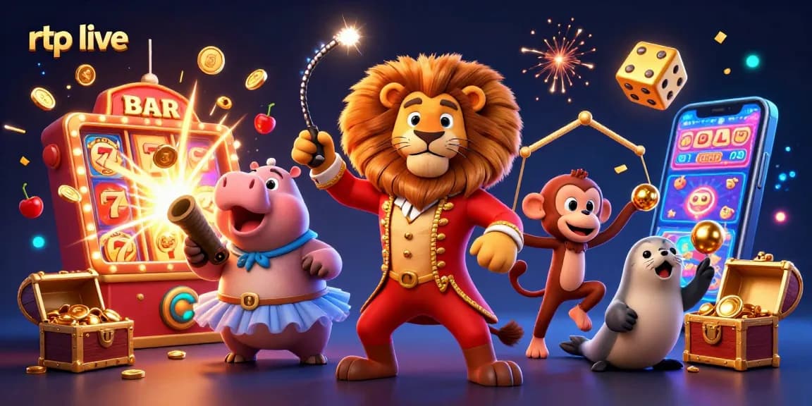 Experience exciting rtp live gaming action with vibrant 3D circus characters and dynamic casino elements.