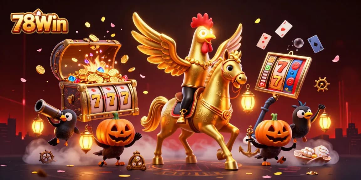 Experience high-stakes action at 78Win with a golden rooster in a casino adventure.