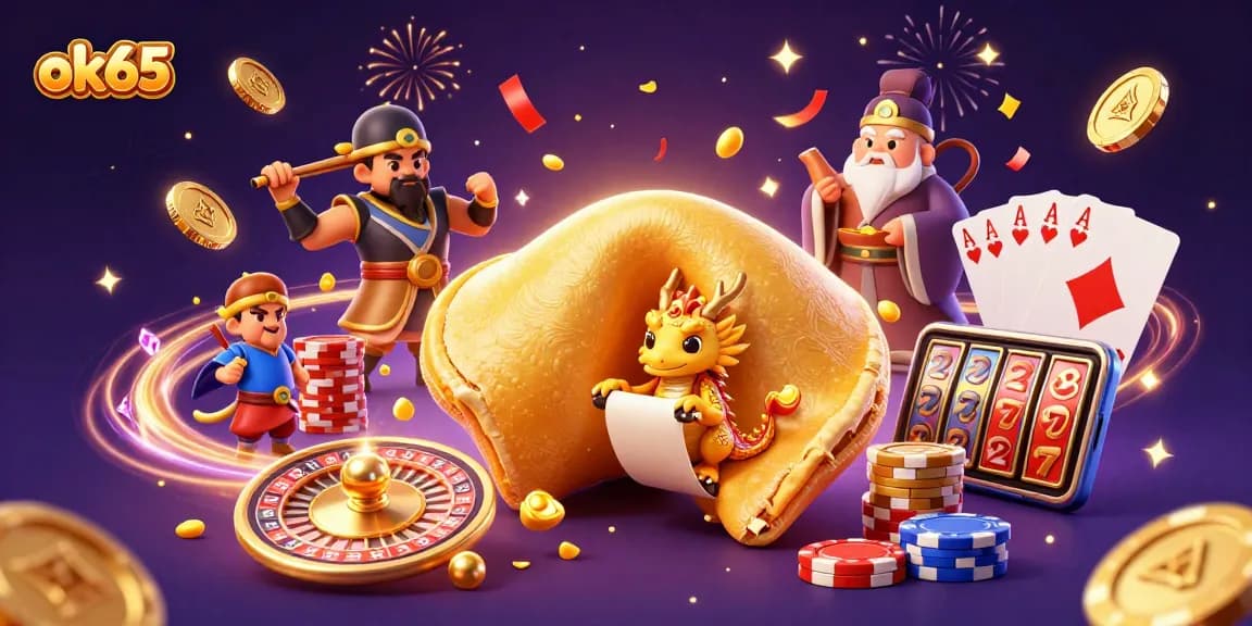 Engage with the exhilarating atmosphere of ok65, featuring a giant fortune cookie and dynamic casino elements.