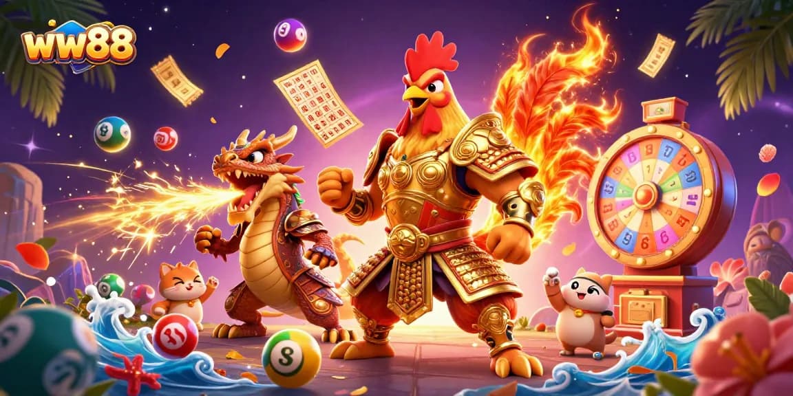 Engage with thrilling games at ww88 featuring a majestic rooster warrior and vibrant casino elements.