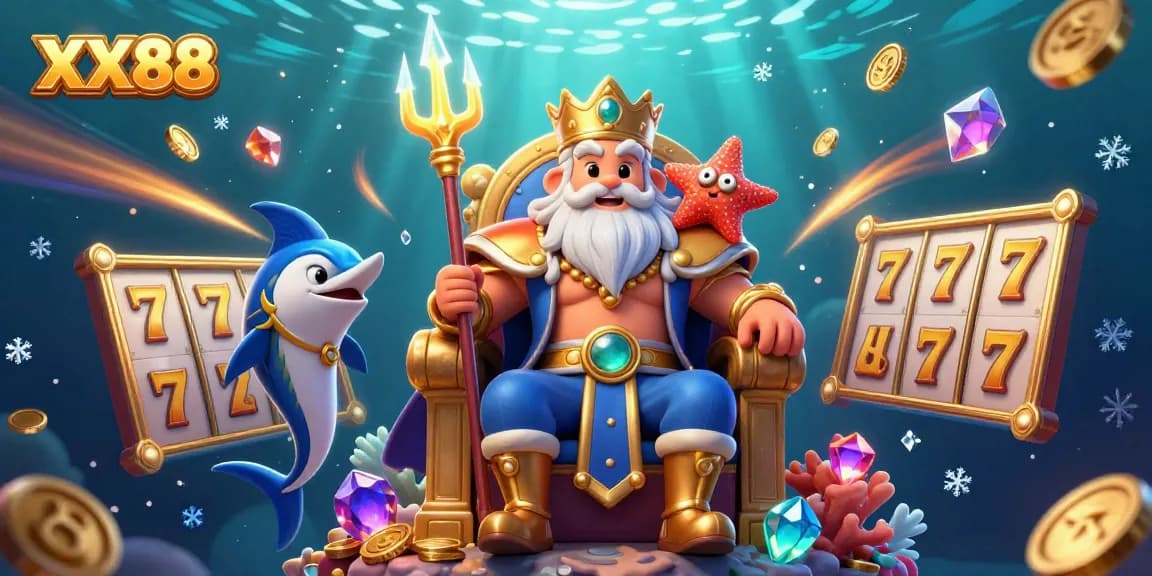Experience exhilarating gameplay at XX88 with vibrant slot reels flying around Neptune and samurai, showcasing the thrill of winning.