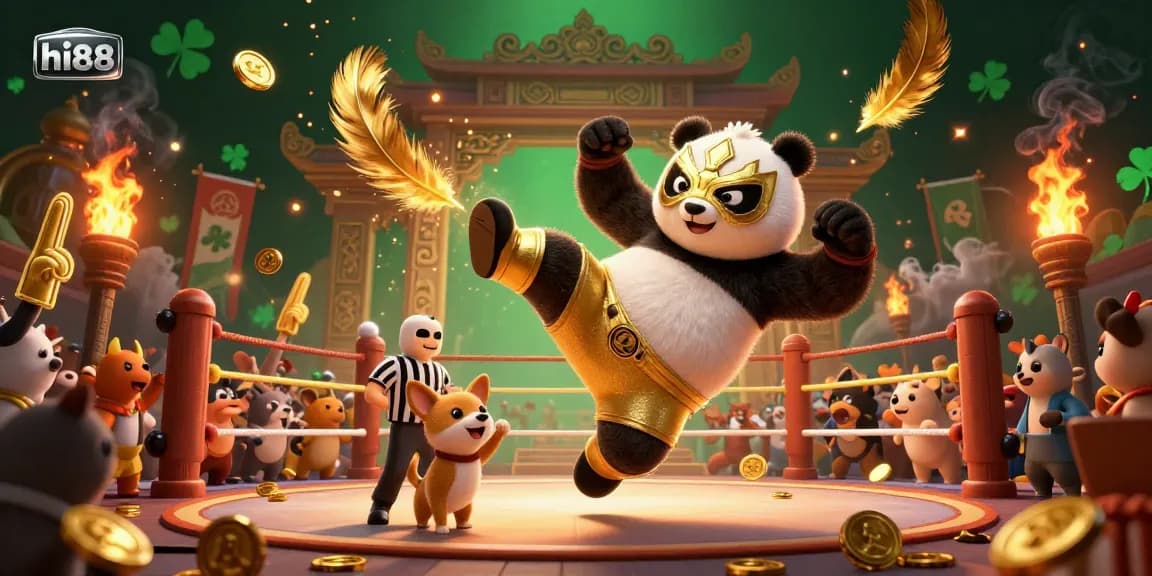 Experience the thrill of hi88 with a vibrant panda and Chihuahua in an exciting gambling scene.