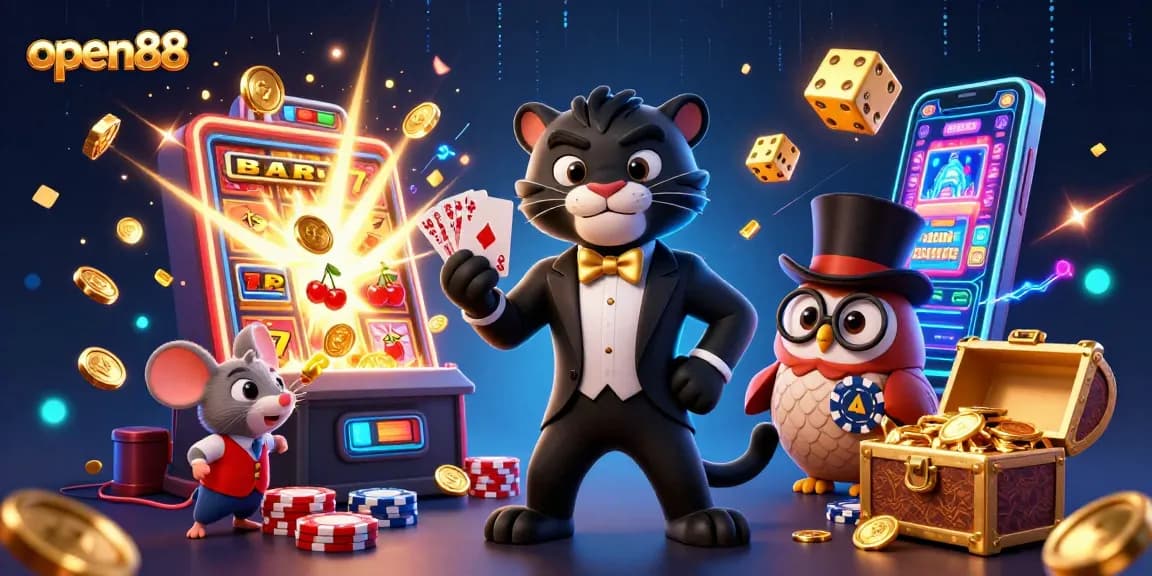Experience thrilling gaming action at open88 with a 3D panther dealer elegantly managing cards among festive casino elements.