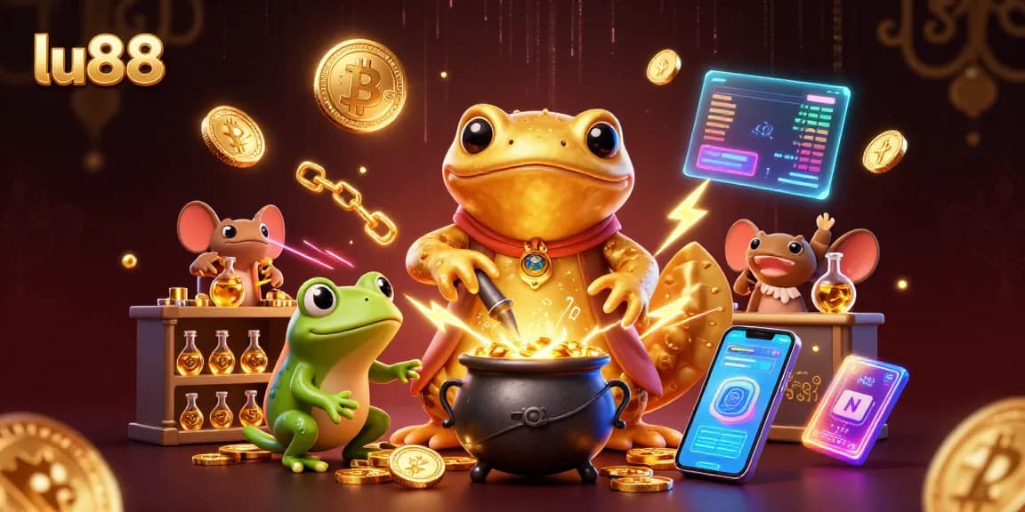 Experience the thrill of lu88 with golden coins and vibrant casino elements in a magical scene.
