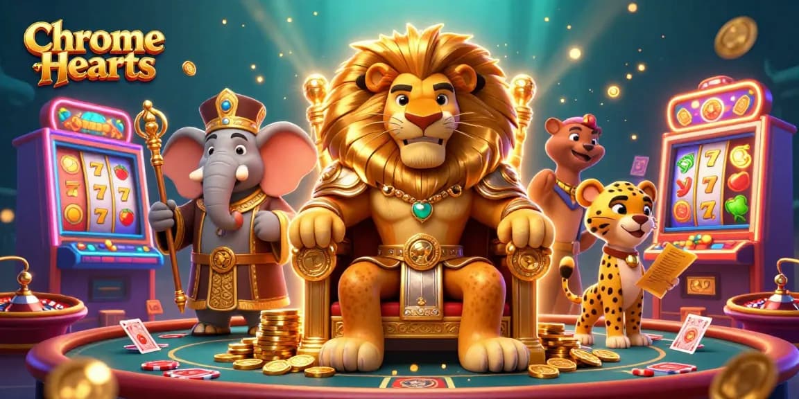 Play at Chrome Hearts casino with vibrant slot machines and royal characters in a dynamic gaming scene.