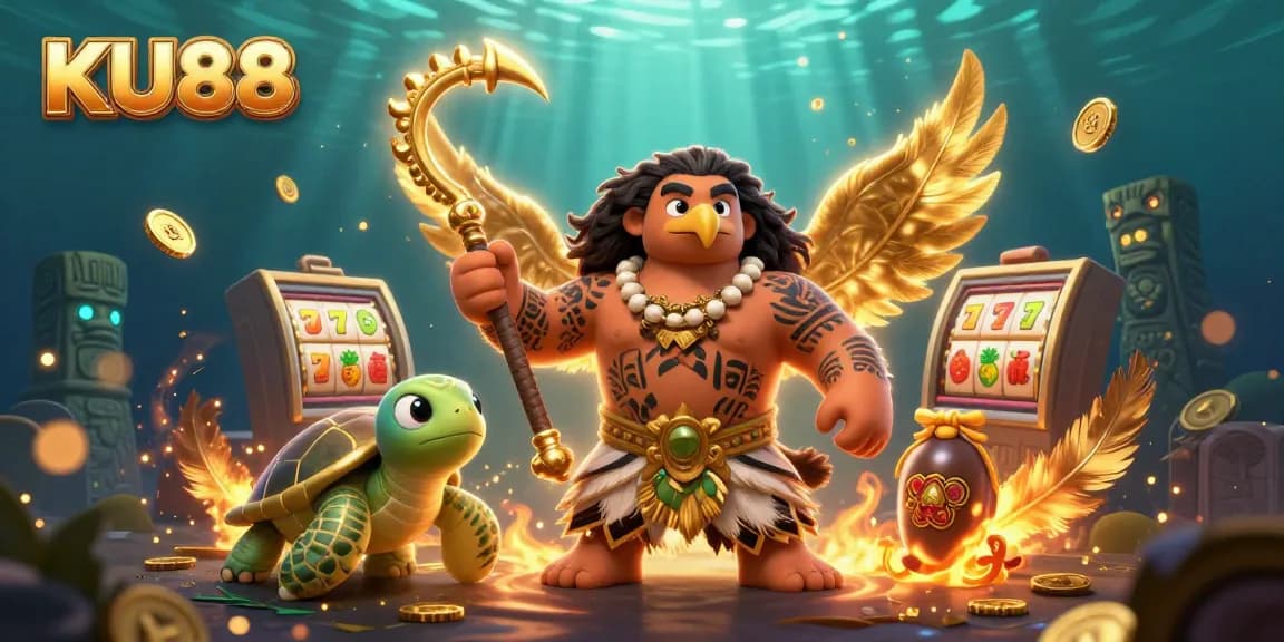 Experience the thrill of KU88 with a vibrant 3D illustration of a charming casino scene filled with excitement and gaming elements.