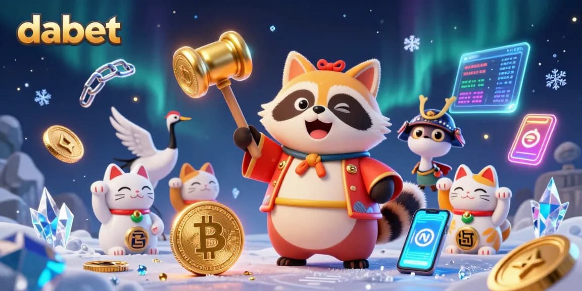Experience dabet's vibrant gambling world with cheerful tanuki, colorful cats, and crypto coins.