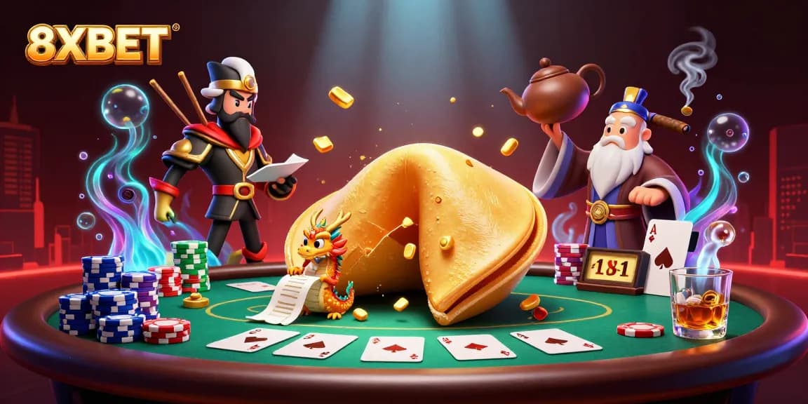 Engage with 8XBET in a vibrant 3D illustration showcasing casino excitement with dragons and golden treasures.