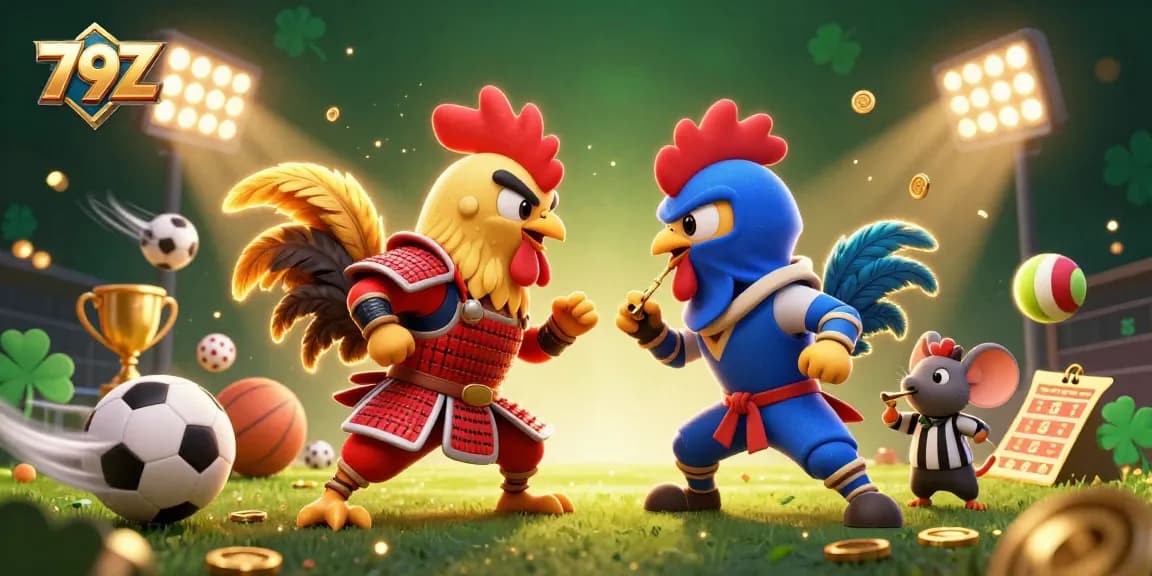 Engage in thrilling gameplay with 79Z as twin samurai and ninja roosters face off amidst dynamic sports elements.