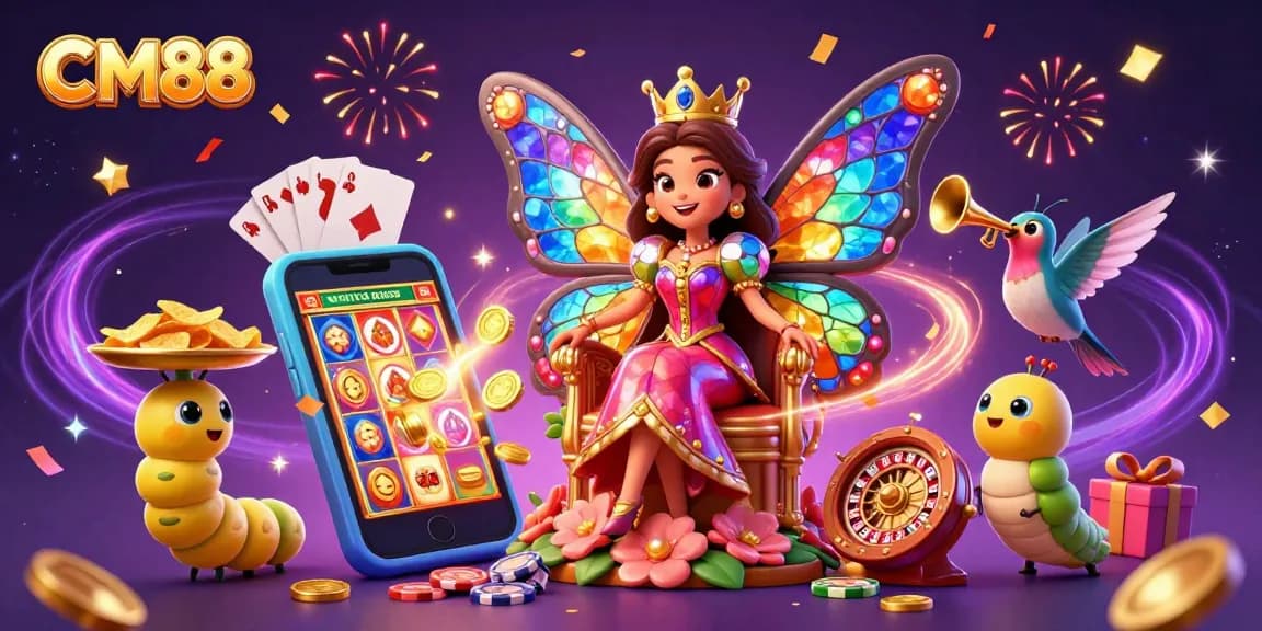 Engage with exciting slots at CM88 featuring a vibrant butterfly queen surrounded by dynamic game elements.