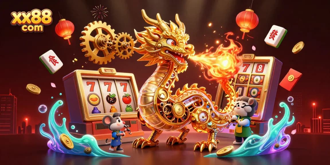 Engage in thrilling gameplay at xx88 com with a golden dragon amid dazzling casino elements.
