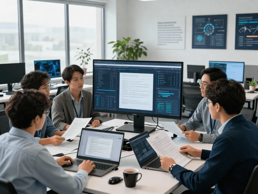 Document fraud detection team analyzing real-time data in a modern cybersecurity office.