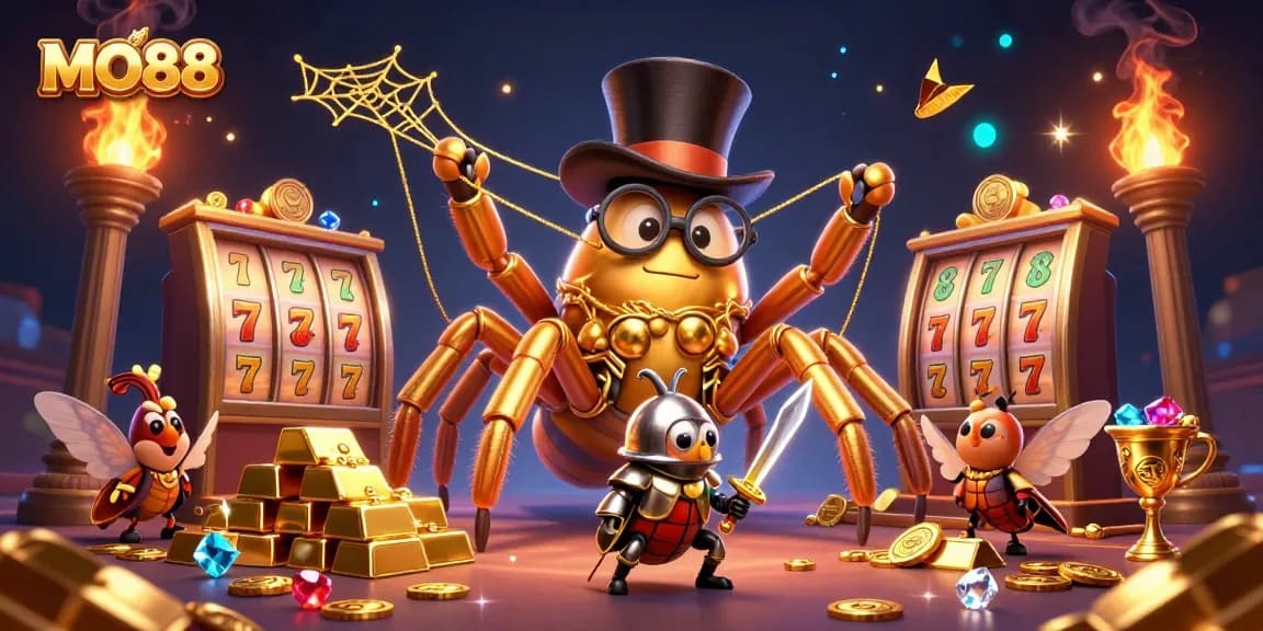 Engage in the MO88 casino adventure with a dazzling scene of golden treasures and animated characters.