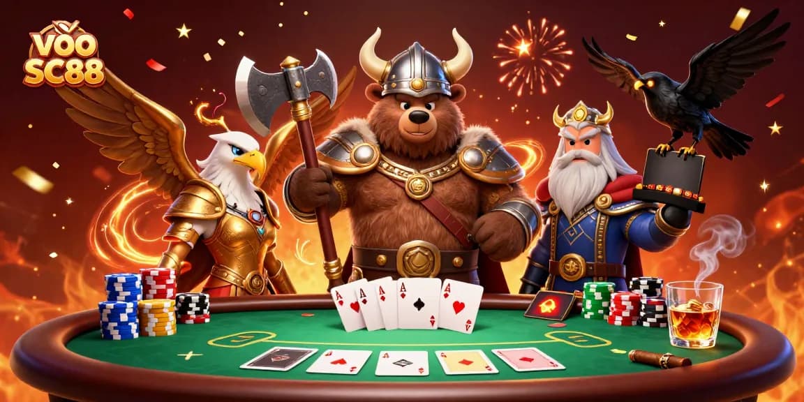 Join the excitement with vào SC88 at an ultra-detailed casino scene featuring vibrant characters and poker elements.