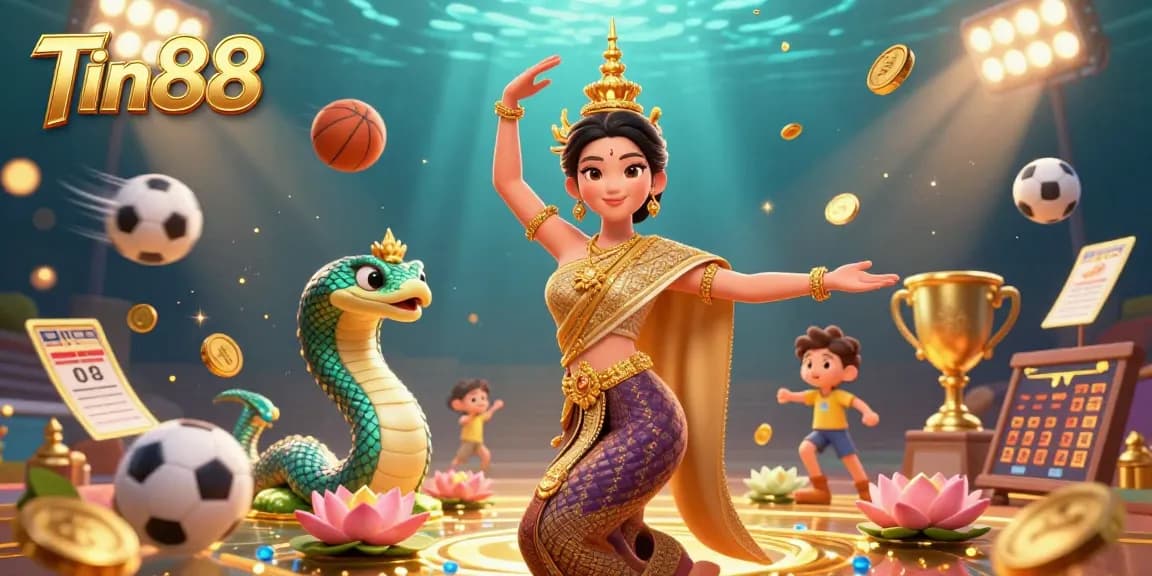 Win with Tin88, featuring an Asian woman and Naga serpent in a vibrant casino scene.