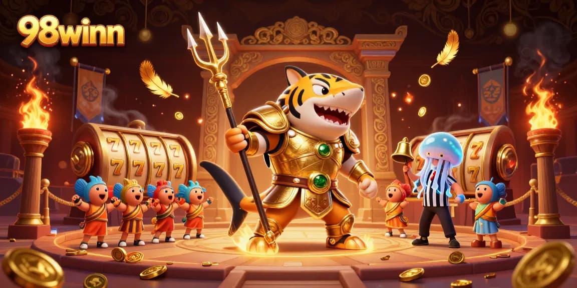 Experience thrilling gameplay in 98winn's vibrant casino scene featuring a gladiator shark.