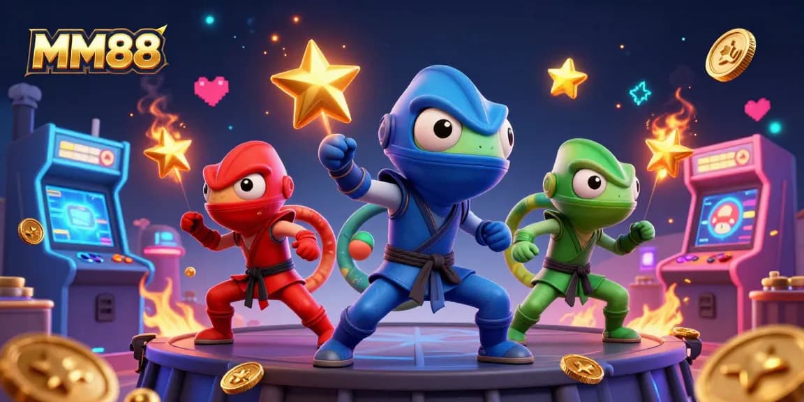 Experience the vibrant world of MM88 with cartoon ninja chameleons showcasing casino excitement.