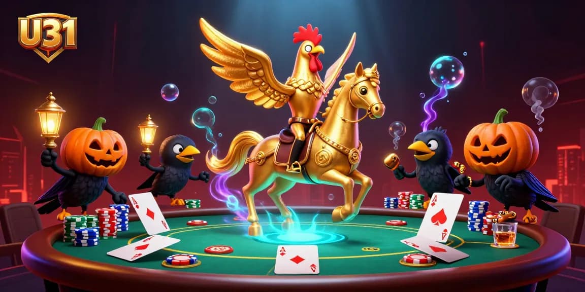 Experience U31 casino magic with intricate illustrations of gaming and vibrant characters in a midnight setting.