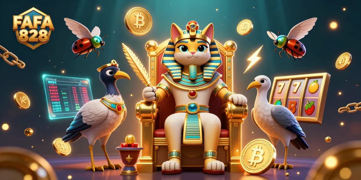 Experience FAFA 828 at an opulent casino with pharaoh cat and slot game elements.