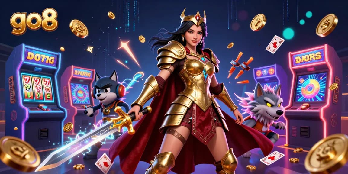 Engage with go8's dynamic gaming universe featuring a warrior queen and gaming elements.