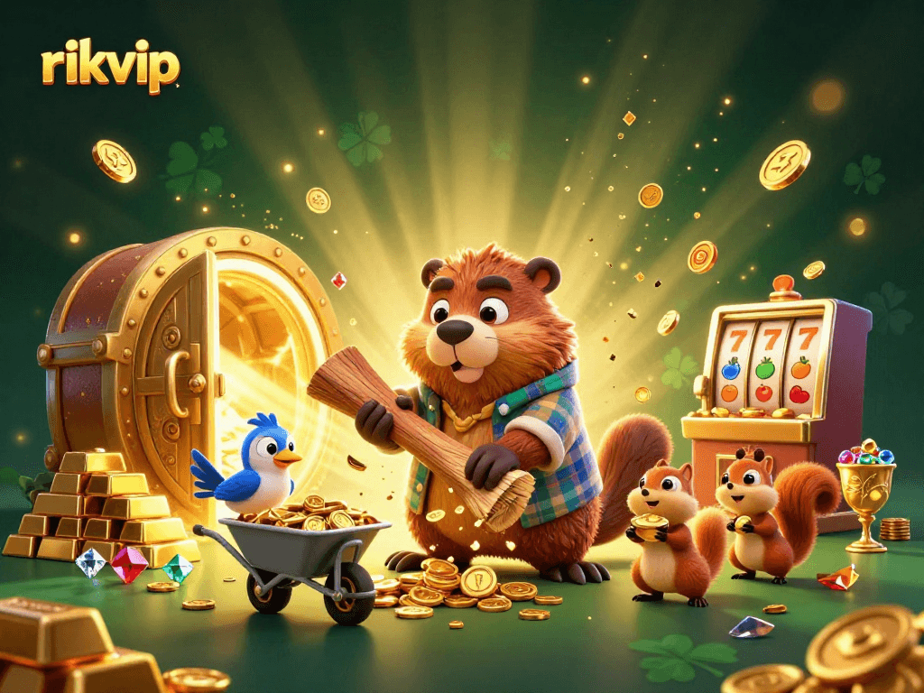 Experience the excitement of rikvip as the lumberjack beaver collects golden coins amidst vibrant casino elements.